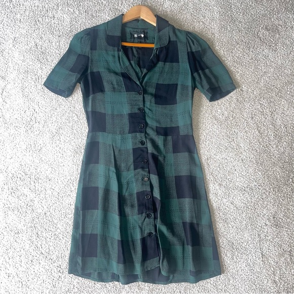Reformation Green/Black Big Check Plaid Mini Dress 4 Short Sleeve Lightweight - Picture 4 of 7